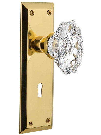 New York Style Mortise-Lock Set with Chateau Crystal Glass Knobs in Polished Brass.